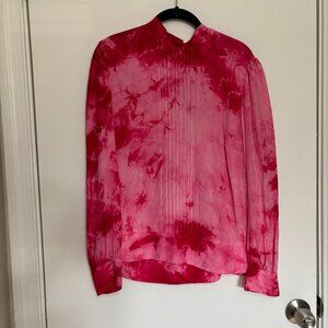 Frame Denim Le Back Tie Pleated Blouse Pink Tie Dye 100% Silk Large